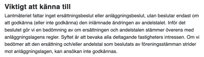 Text på svenska om Lantmäteriet och dess roll i att godkänna ändringar av andelstal.