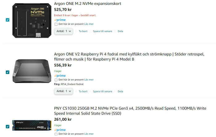 Online shopping-sida med datortillbehör: expansionskort, Raspberry Pi fodral, SSD.