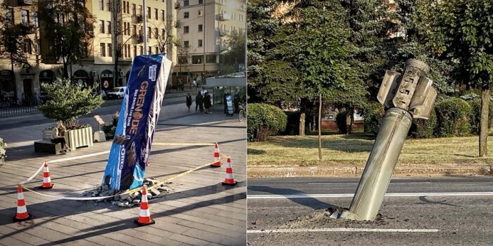 Två bilder, lutande reklampelare och nedböjd lyktstolpe, områdessäkerhet, trafikavspärrningskon.