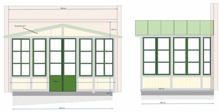 Två ritningar som framställer fasad och planvy av en byggnad med måttangivelser.