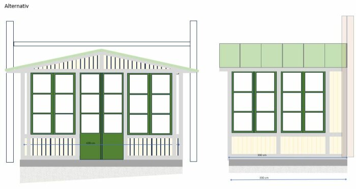 Två arkitektoniska ritningar av en fasad och ett sidoperspektiv med måttangivelser.