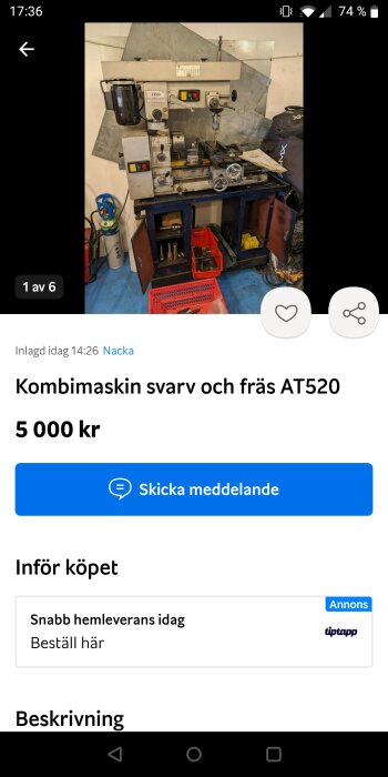 Verktygsmaskin i en verkstad, till salu för 5000 kronor på en online plattform.