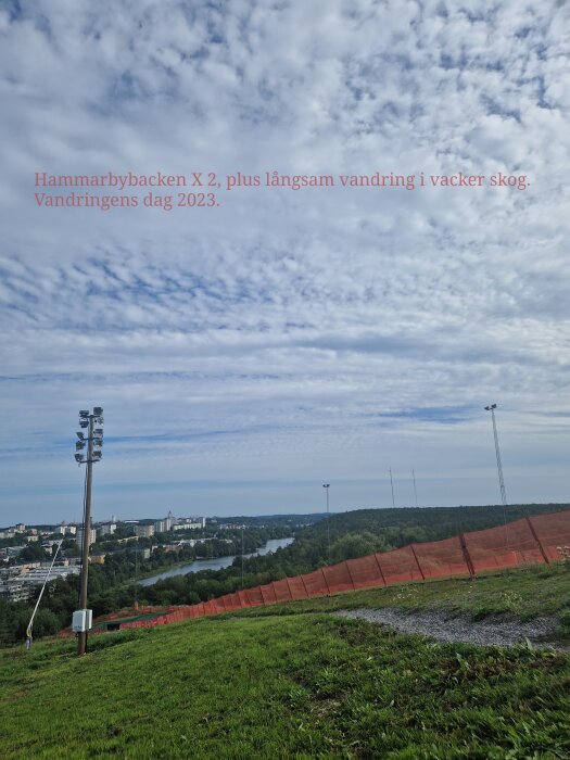 Utsikt över grönt landskap, vatten och stad, med molnig himmel, text firar Vandringens dag 2023.