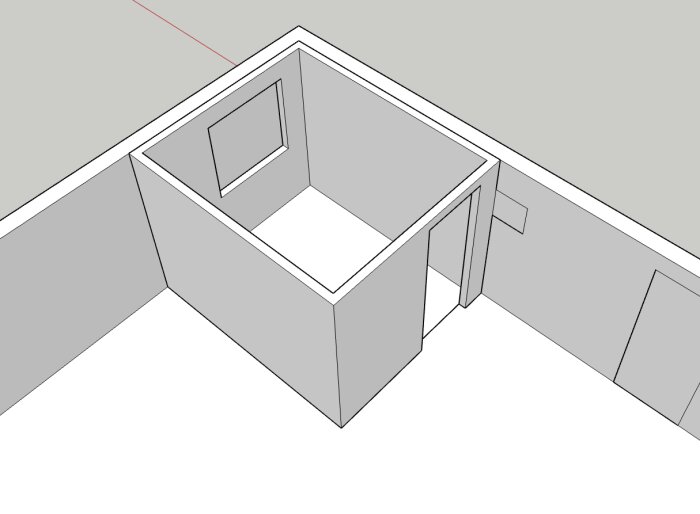 Ritad modell av ett enkelt rum med öppen dörr och fönster, gråskalig, tom interiör, 3D-perspektiv.