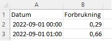 Excel-tabell med två kolumner: 'Datum' och 'Förbrukning'. Datum inkluderar tid, listar förbrukningsdata per timme.