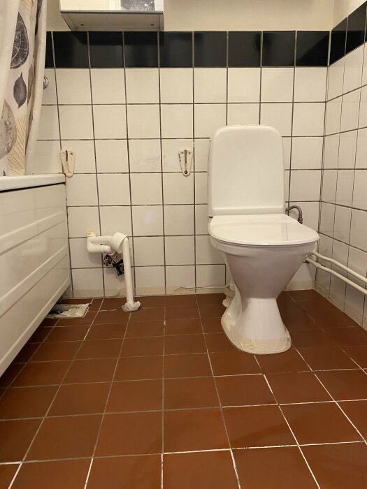 Toalett i kaklat rum, pappershållare, handtag, bruna golvplattor, vit toalettstol, duschdraperi.