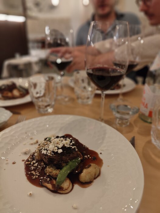 Elegant maträtt i förgrunden, suddiga personer skålar med rödvin, trevlig stämning, restaurangmiljö.