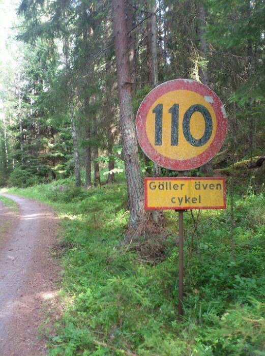 Skogsväg med humoristiskt, orealistiskt hastighetsskylt (110) och texten "Gäller även cykel".