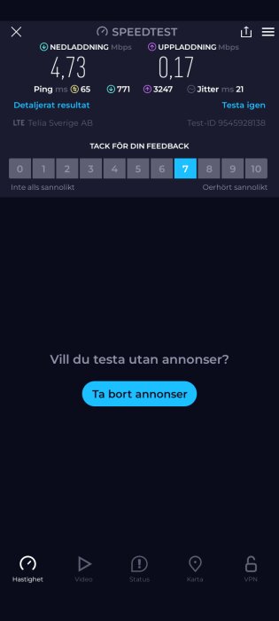 Skärmdump av internet hastighetstest resultat; låg nedladdning och uppladdning, LTE, operatör Telia Sverige.