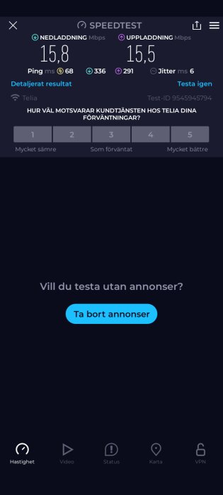 Skärmbild av internet hastighetstest; nedladdning 15,8 Mbps, uppladdning 15,5 Mbps, ping 68 ms.