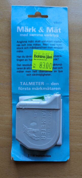 Talmeter, märknings- och mätverktyg, blå förpackning, informations text, pris etikett.