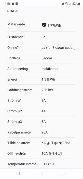 Skärmdump, statusgränssnitt, energimätare, driftsläge 'Laddar', olika elektriska parametrar, Svenska, mobilapplikation.