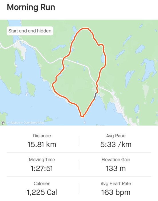 Kartspårning av morgonlöpning på 15,81 km, tidsåtgång 1:27:51, 1225 förbrända kalorier, medeltempo 5:33/km.