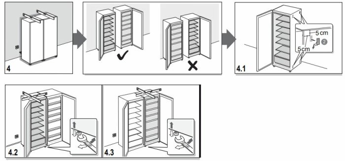 Montageinstruktioner för skåp: korrekt och felaktigt avstånd, säkerhetsbeslag för väggmontage.