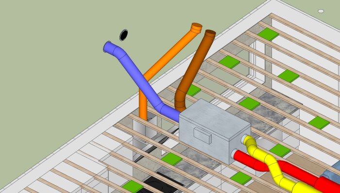3D-modell av byggnadsinstallationer med rör och ventilationskanaler mellan träbjälkar och betongelement.