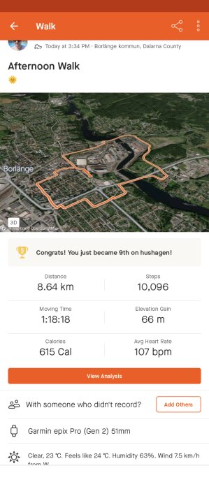 Aktivitetsspårning; 8.64 km promenad; 10,096 steg; Borlänge; appgränssnitt; väderinfo; träningsdata; karta.