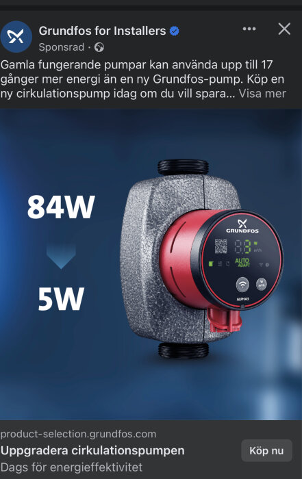 Reklam för energieffektiv Grundfos-cirkulationspump. Reducerar förbrukningen från 84W till 5W. Digital display, röd-svart design.