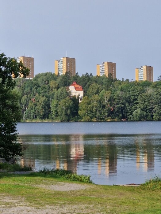 En sjö med spegling av höghus och grönska, en solig dag.