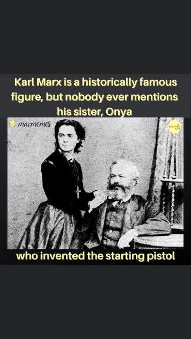 Skämt om Karl Marx och påhittad syster "Onya", referens till "onya Marx" (en vits).