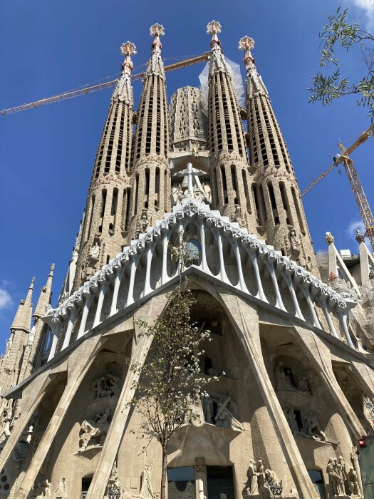 Sagrada Familia kyrka, Barcelona, torn, skulpturer, kranar, konstruktion, arkitektur, klar himmel, Antoni Gaudí, oavslutad.