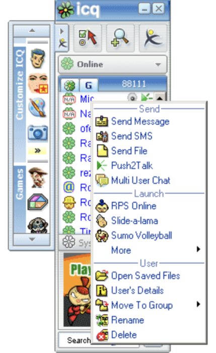 Gammaldags chattprogram UI, ICQ, kontaktlista, statusikoner, meddelandealternativ, spelfunktioner.