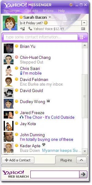 Skärmbild av Yahoo! Messenger kontaktlista med statusuppdateringar och profilbilder.