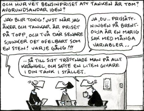 Svartvit serietidningsruta, två figurer diskuterar stigande bensinpriser och rationellt beteende. Humoristiskt.