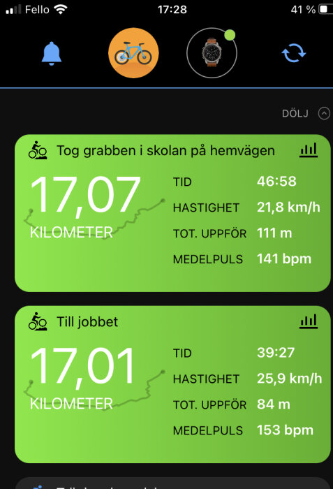 Skärmavbildning av cykelsträcka och prestationer med avstånd, tid, hastighet, höjd, puls.