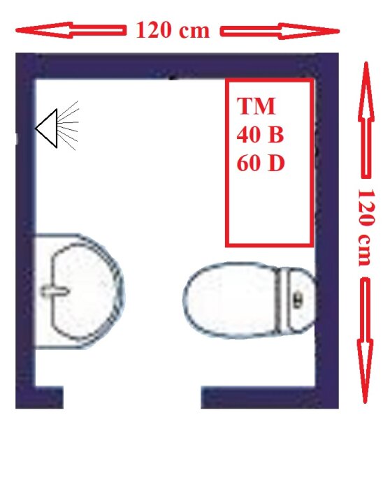 En ritning med mått på en dorr, inklusive symboler för riktning, öppning och dörrstorlek.