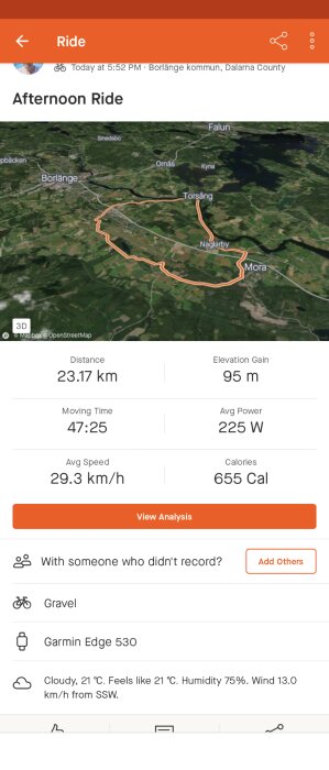 Skärmdump av cykeltur, 23,17 km, Borlänge kommun, satellitkarta, hastighets- och kaloridata, molnigt väder.