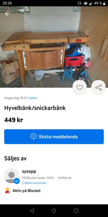 Annonsskärmbild på Blocket visar begagnad snickarbänk, prissatt 449 kronor, oordnade föremål runtomkring.