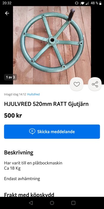 Gjutjärnsratt till plåtbockmaskin, ca 18 kg, säljes för 500 kr, avhämtning föreslagen.