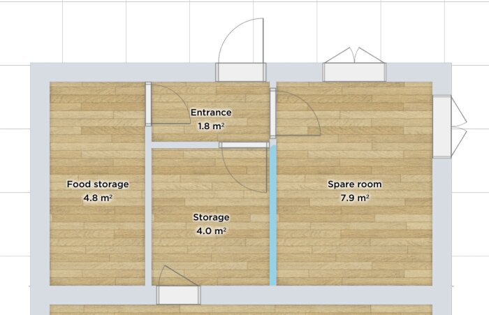 Arkitektritning av en planlösning med ingång, matförråd, förråd och ett extra rum.