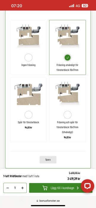 Skärmdump av mobilwebbsida, fönsteralternativ, priser, köpknapp, inget personligt eller känsligt innehåll.