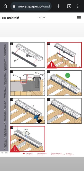 Illustration av monteringsanvisningar för golvavlopp med verktyg och komponenter; innehåller varningar och korrekta installationsmetoder.