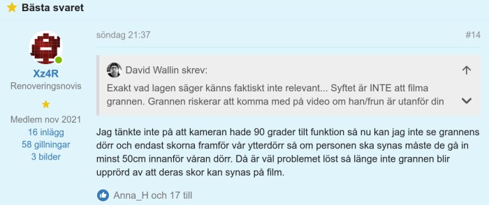 Forumtråd med bästa svaret markerat, diskussion om videoinspelning och granne synlig på film.