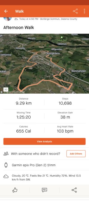 Bild av promenadaktivitet; karta, distans 9,29 km, steg, tid, kalorier, hjärtfrekvens och väderinformation.