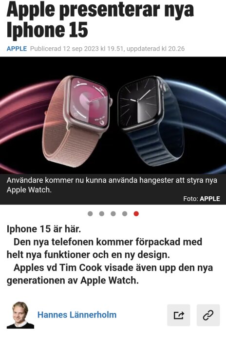 Apple introducerar iPhone 15 och nya Apple Watch-modeller med handgester och uppdaterad design. (19 ord)