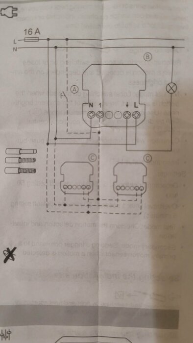 Elektriskt kopplingsschema med kablar, säkring, strömbrytare och lampor. Transparent, vikt pappersark.