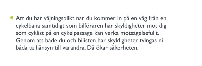Svensk text om väjningsplikt och trafiksäkerhet mellan cyklister och bilförare.