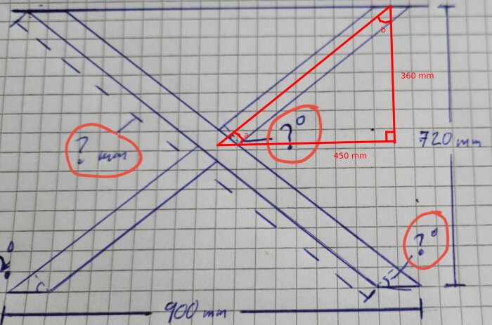 Handritad skiss av geometriska former med dimensioner och vinklar markerade på rutat papper.