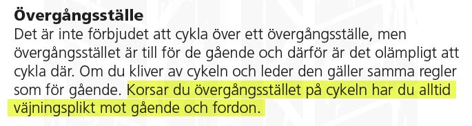 Text om regler för cyklister vid övergångsställen; ej förbjudet cykla, men olämpligt, väjningsplikt nämns.