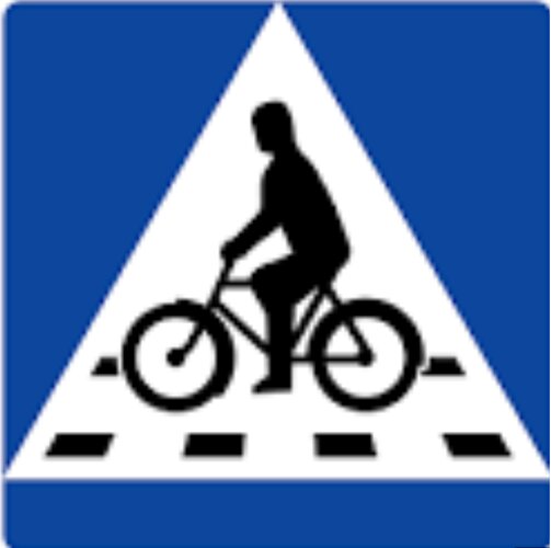 Vägskylt, triangel, blå kant, cyklist, övergångsställe, svartvit, varning för cyklister, trafiksignalering.