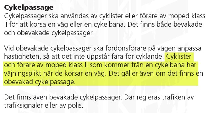 Text på svenska om regler för cykelpassager, vikten av säkerhet och väjningsplikt markerat i gult.