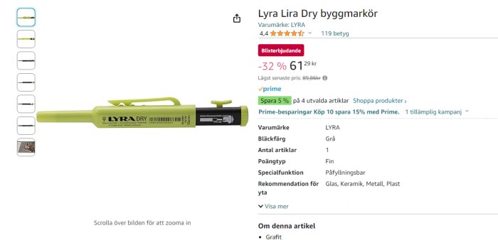 Grön LYRA Dry byggmarkör, påfyllningsbar, fin spets, rekommenderad för glas/metall/plast, rabatterat pris, produktbild.