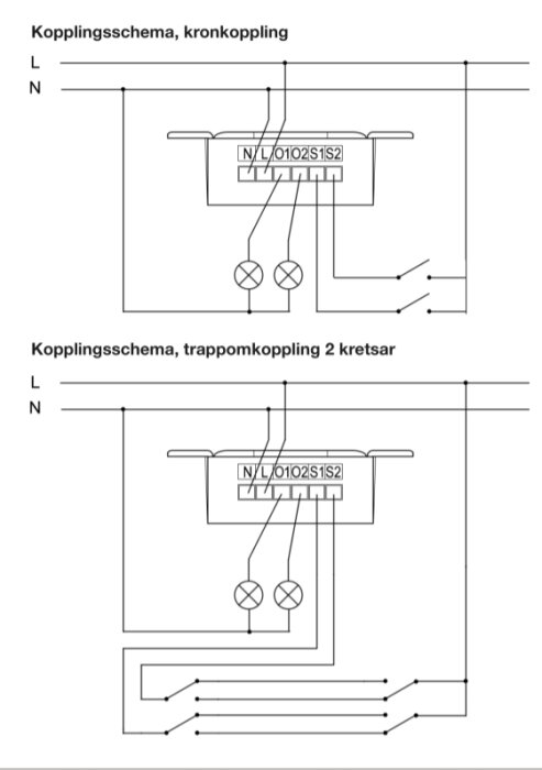 Två elektriska kopplingsscheman: kronkoppling och trappomkoppling för två kretsar, med strömbrytare och lampor.