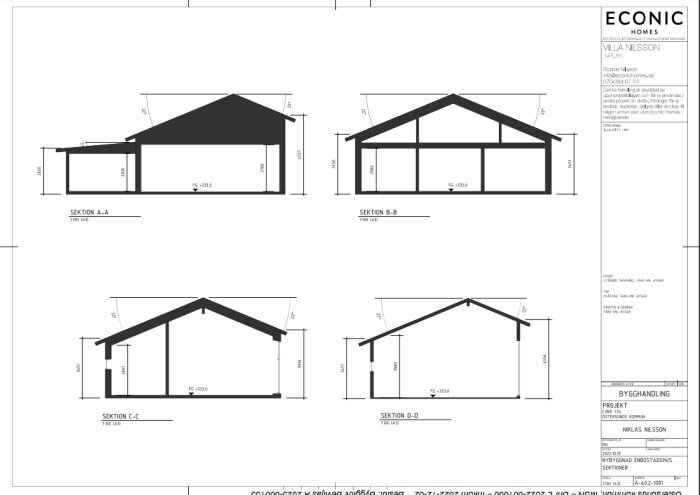 Arkitektoniska ritningar av sektioner för en byggnad, Villa Nilsson, med mått och detaljer.
