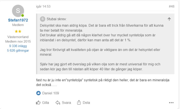 Skärmdump av foruminlägg med diskussion om motoroljor, användarens profil och gillningar visas.