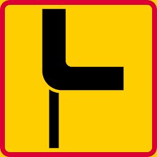 Gul och svart trafikskylt, vänstersväng, varningsmärke, geometriska former, enkel, tydlig, illustration, vägmarkering, kontrasterande färger.