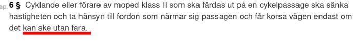Text om cykelregler, uppmaning sänka hastighet vid cykelpassage för säkerhet.